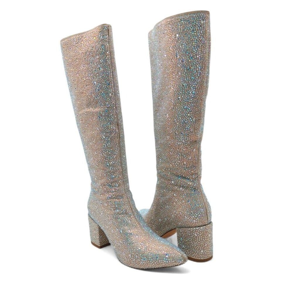 Wetkiss Women's Size 7 Iridescent Crystal Rhinestone Chunky Heel Knee High Boots - Picture 12 of 16
